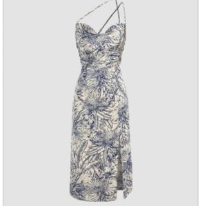 Tropical Shirred Slit Cowl Neck Midi Dress